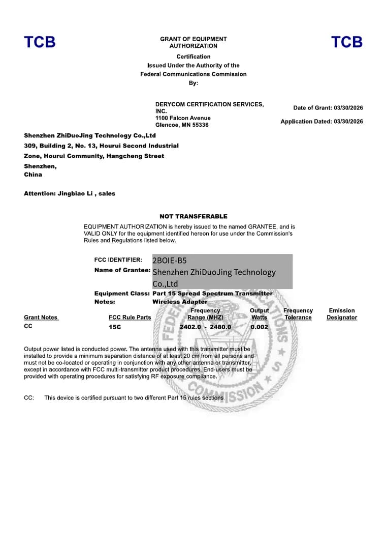 FCC equipment authorization grant for wireless adapter FCC ID 2BOIE-B5