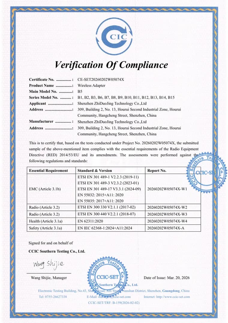 CE and RED verification certificate for the B5 wireless adapter series