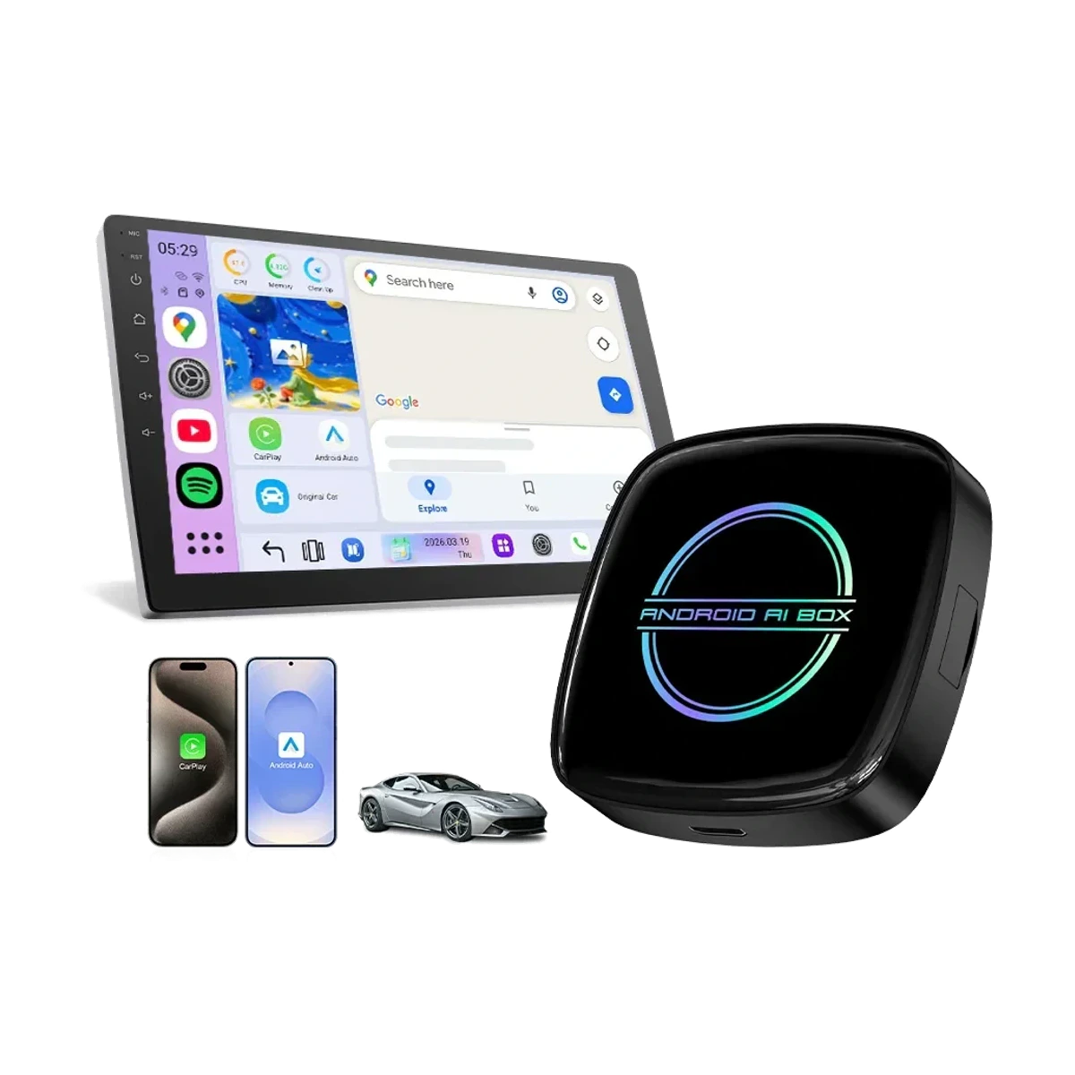 GT8D 2026 Android 15 CarPlay AI Box in the authorized marketplace overview composition