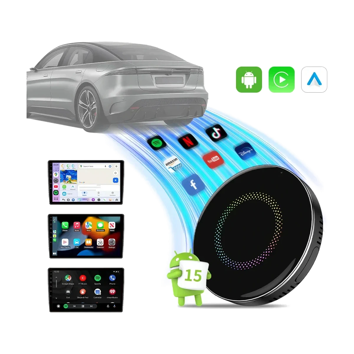 GT8H2 round black Android 15 CarPlay AI Box in the authorized marketplace overview composition